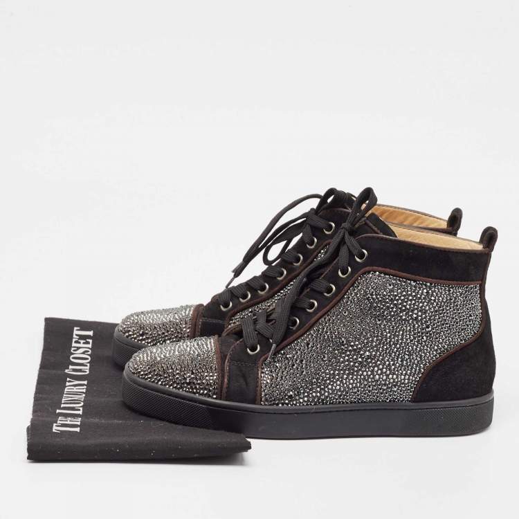 Pre Owned Christian Louboutin Black Suede Crystal Embellished Louis High Top Sneakers Size 39