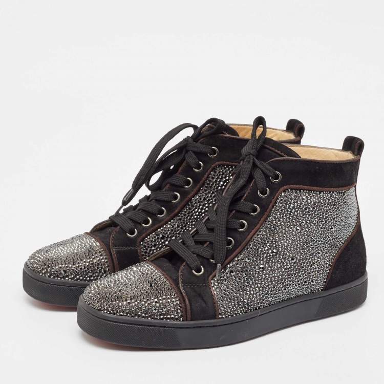 Pre Owned Christian Louboutin Black Suede Crystal Embellished Louis High Top Sneakers Size 39