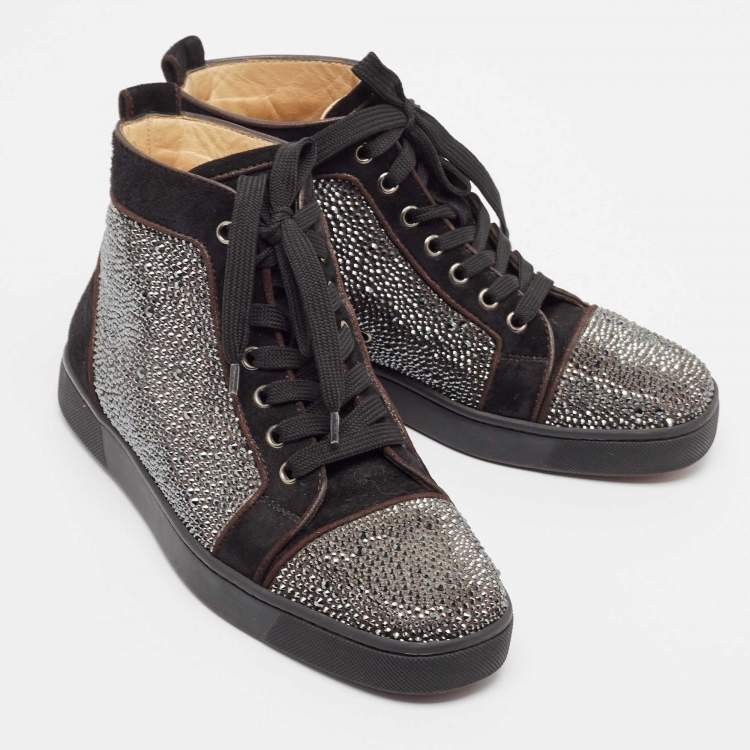 Pre Owned Christian Louboutin Black Suede Crystal Embellished Louis High Top Sneakers Size 39