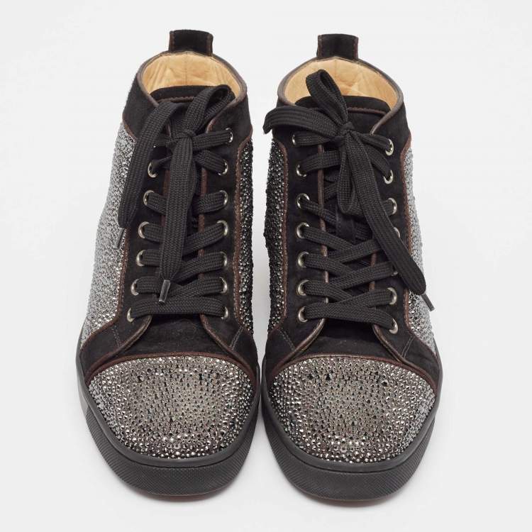 Pre Owned Christian Louboutin Black Suede Crystal Embellished Louis High Top Sneakers Size 39