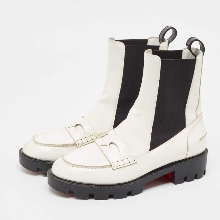 مملوكة مسبقًا Christian Louboutin White Patent Leather Montezu Ankle Length Boots Size 38
