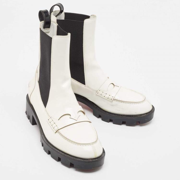 مملوكة مسبقًا Christian Louboutin White Patent Leather Montezu Ankle Length Boots Size 38