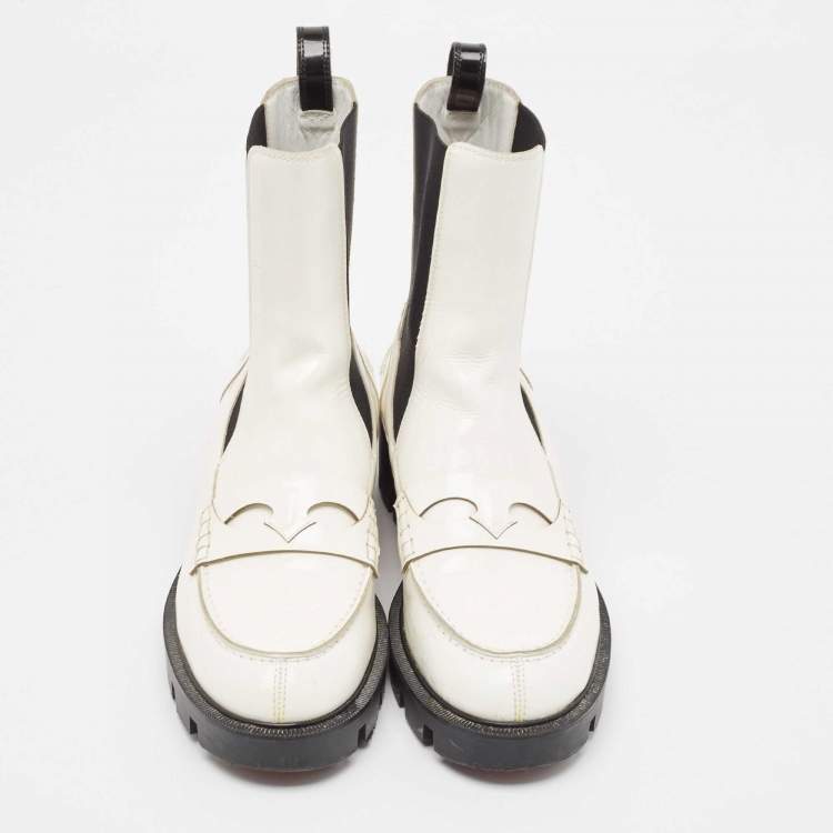 مملوكة مسبقًا Christian Louboutin White Patent Leather Montezu Ankle Length Boots Size 38
