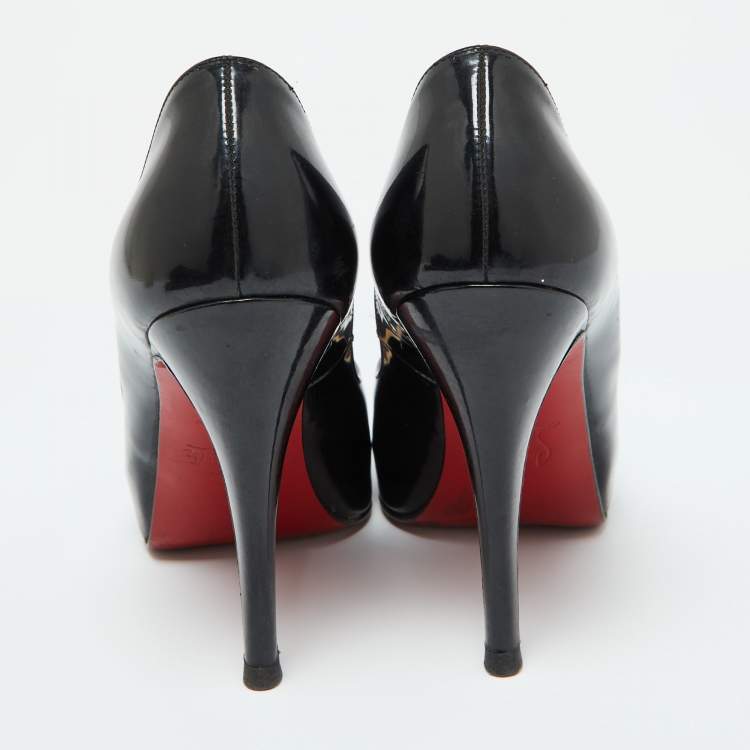 Pre Owned Christian Louboutin Black Patent Leather Lady Peep Toe Pumps 34.5