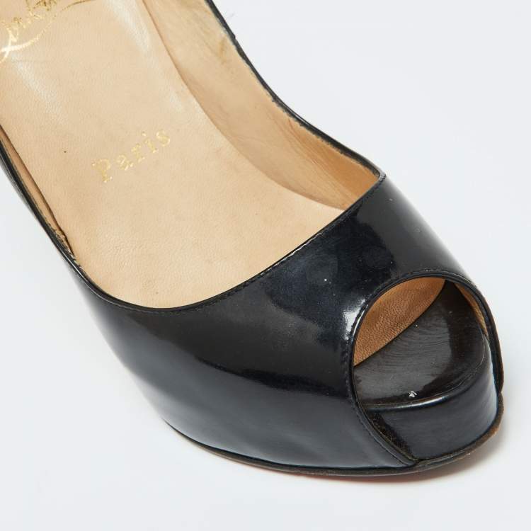 Pre Owned Christian Louboutin Black Patent Leather Lady Peep Toe Pumps 34.5