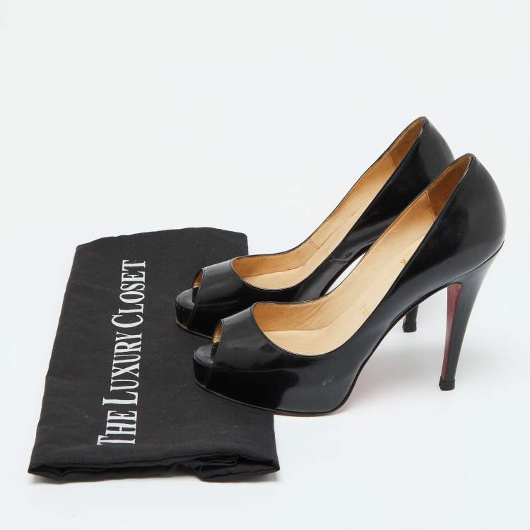 Pre Owned Christian Louboutin Black Patent Leather Lady Peep Toe Pumps 34.5