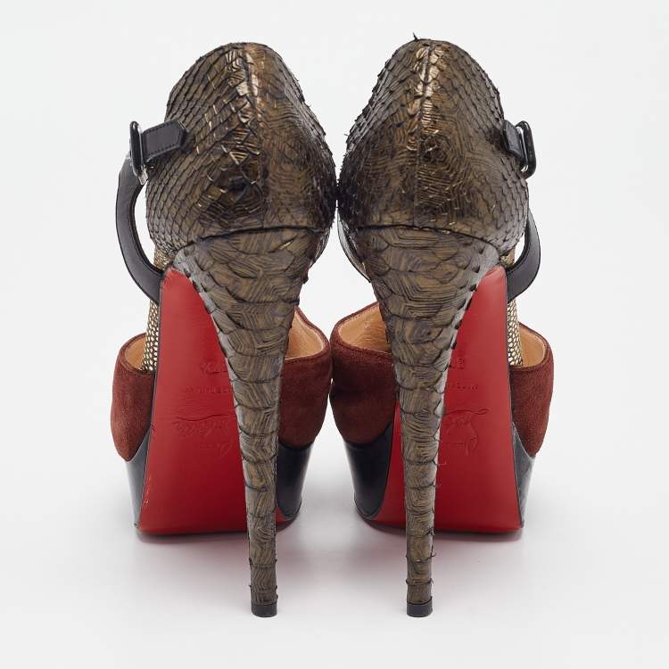 Pre Owned Christian Louboutin Multicolor Leather Python Embossed Leather Mary Jane Pumps 37.5