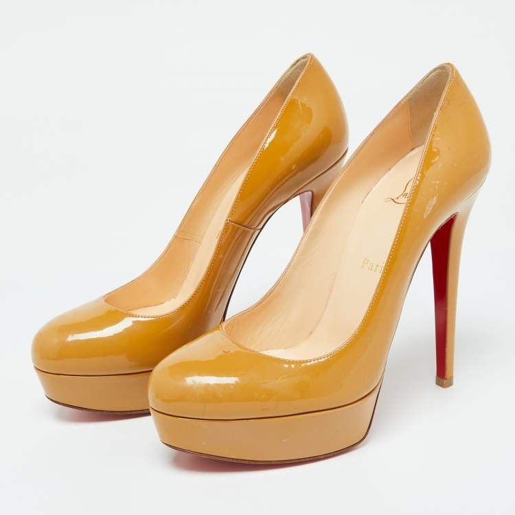 Pre Owned Christian Louboutin Beige Patent Leather Bianca Platform Pumps Size 38.5