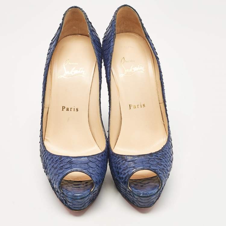 Pre Owned Christian Louboutin Blue Python Leather Lady Peep Peep Toe Pumps Size 37