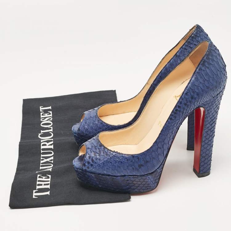 Pre Owned Christian Louboutin Blue Python Leather Lady Peep Peep Toe Pumps Size 37