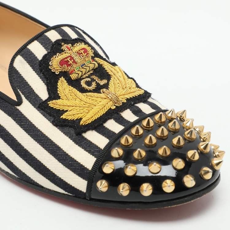 Pre Owned Christian Louboutin Multicolor Patent Leather And Canvas Havanana Spiked Smoking Slippers Size 38