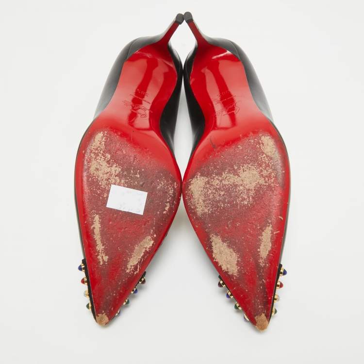 Pre Owned Christian Louboutin Black Leather Studded Cabo Pumps Size 38.5