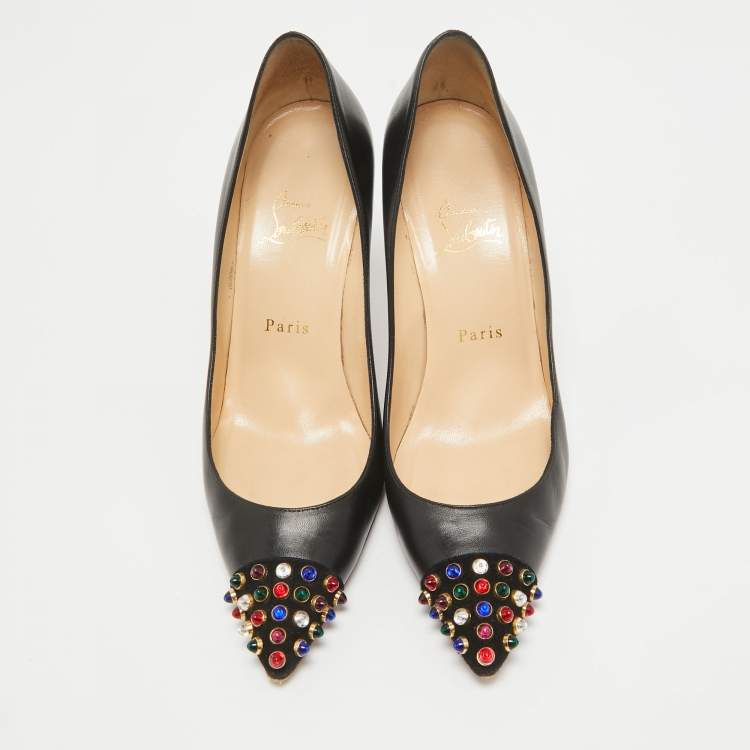 Pre Owned Christian Louboutin Black Leather Studded Cabo Pumps Size 38.5