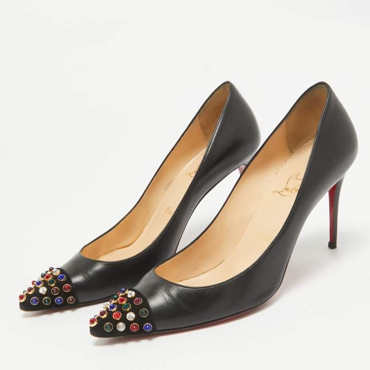 Pre Owned Christian Louboutin Black Leather Studded Cabo Pumps Size 38.5