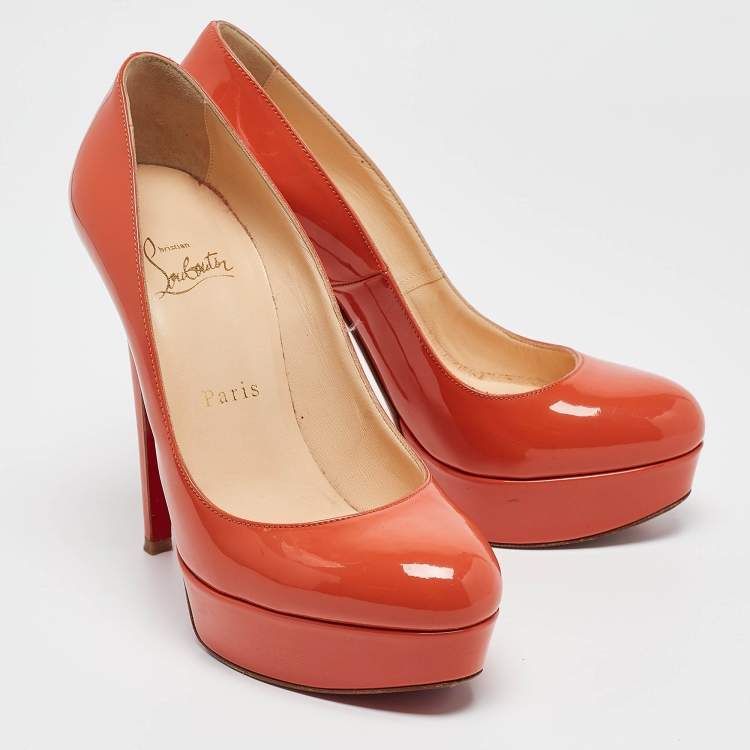 Pre Owned Christian Louboutin Orange Patent New Simple Platform Pumps 37