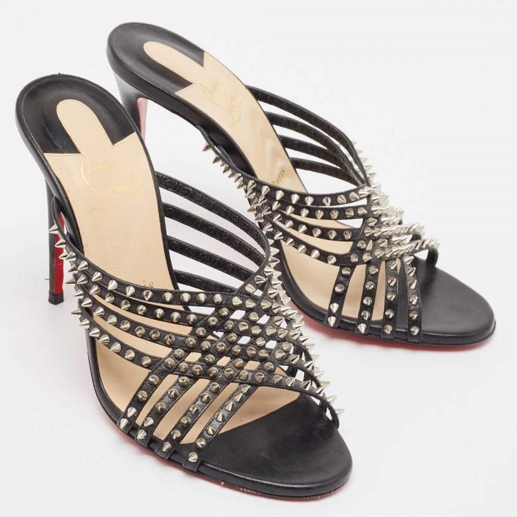 Pre Owned Christian Louboutin Black Leather Martha Spike Sandals Size 38