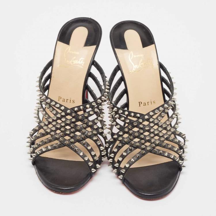 Pre Owned Christian Louboutin Black Leather Martha Spike Sandals Size 38