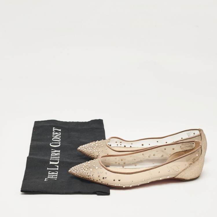 Pre Owned Christian Louboutin Gold Glitter and Mesh Follies Strass Ballet Flats Size 37