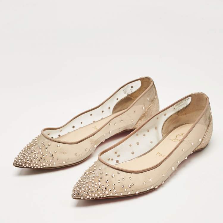 Pre Owned Christian Louboutin Gold Glitter and Mesh Follies Strass Ballet Flats Size 37