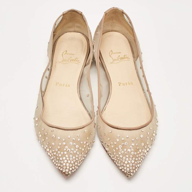 Pre Owned Christian Louboutin Gold Glitter and Mesh Follies Strass Ballet Flats Size 37
