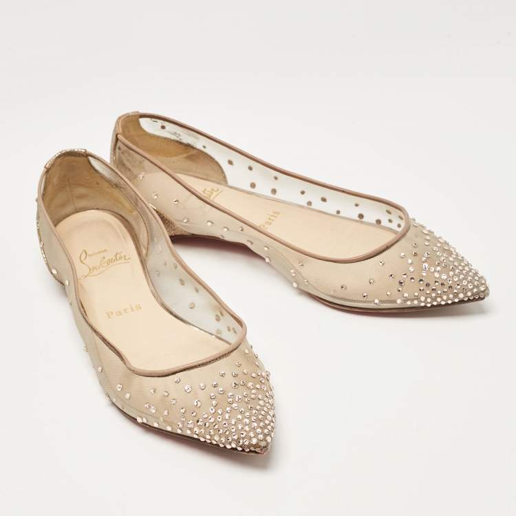 Pre Owned Christian Louboutin Gold Glitter and Mesh Follies Strass Ballet Flats Size 37