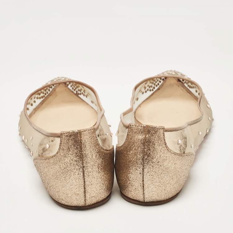 Pre Owned Christian Louboutin Gold Glitter and Mesh Follies Strass Ballet Flats Size 37