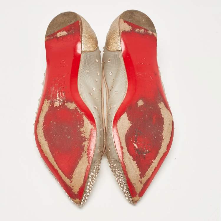 Pre Owned Christian Louboutin Gold Glitter and Mesh Follies Strass Ballet Flats Size 37