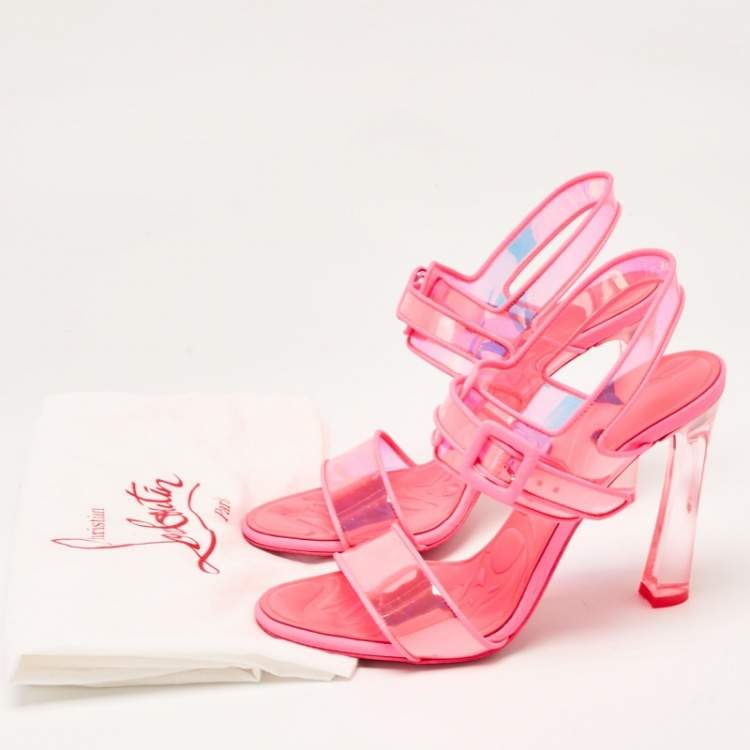Pre Owned Christian Louboutin Neon Pink Leather and Duniss Ankle Strap Sandals Size 39