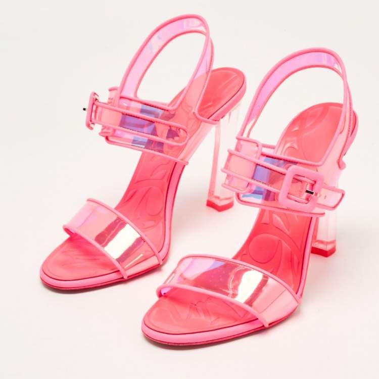 Pre Owned Christian Louboutin Neon Pink Leather and Duniss Ankle Strap Sandals Size 39