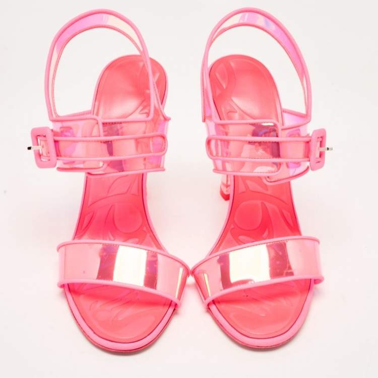 Pre Owned Christian Louboutin Neon Pink Leather and Duniss Ankle Strap Sandals Size 39