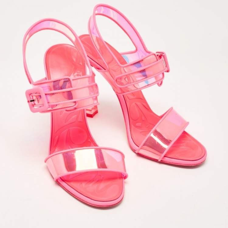 Pre Owned Christian Louboutin Neon Pink Leather and Duniss Ankle Strap Sandals Size 39