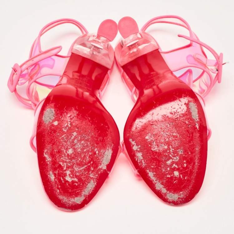Pre Owned Christian Louboutin Neon Pink Leather and Duniss Ankle Strap Sandals Size 39