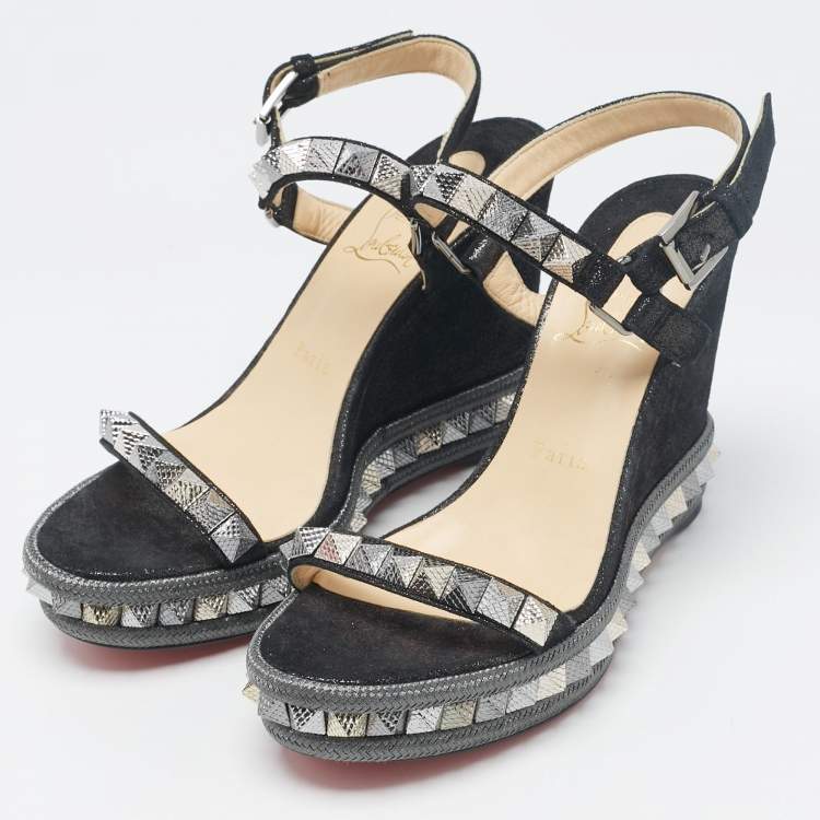 Pre Owned Christian Louboutin Black Suede Pyraclou Wedge Sandals Size 38