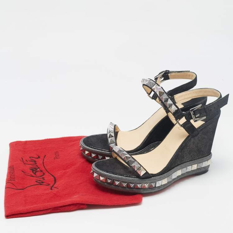 Pre Owned Christian Louboutin Black Suede Pyraclou Wedge Sandals Size 38