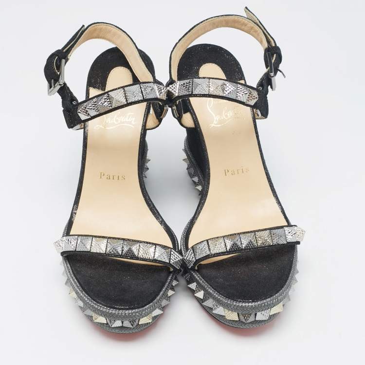 Pre Owned Christian Louboutin Black Suede Pyraclou Wedge Sandals Size 38