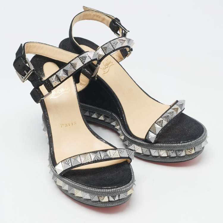 Pre Owned Christian Louboutin Black Suede Pyraclou Wedge Sandals Size 38