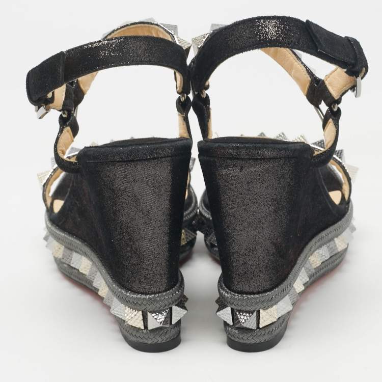 Pre Owned Christian Louboutin Black Suede Pyraclou Wedge Sandals Size 38