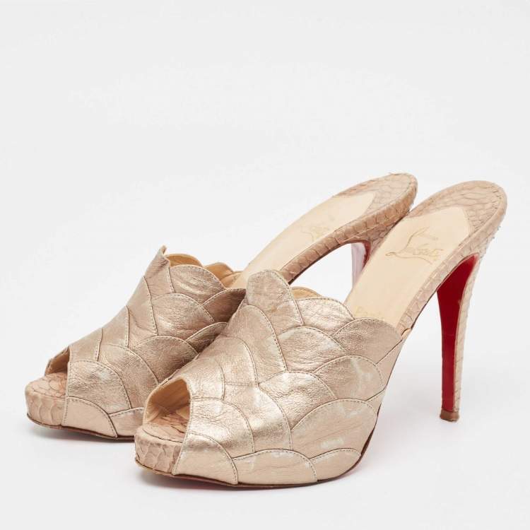 Pre Owned Christian Louboutin Beige Leather Snakeskin and Leather Ananas Slide Sandals Size 38.5