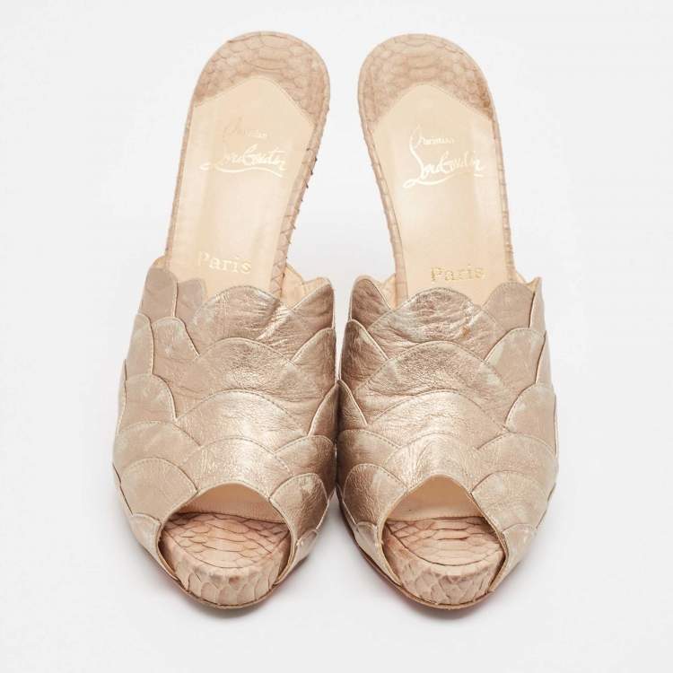 Pre Owned Christian Louboutin Beige Leather Snakeskin and Leather Ananas Slide Sandals Size 38.5