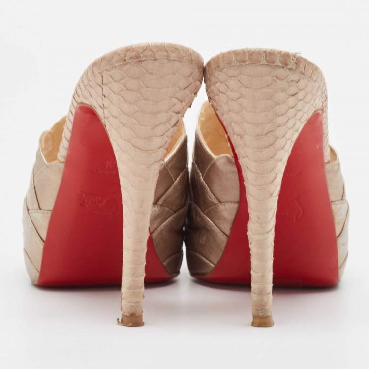 Pre Owned Christian Louboutin Beige Leather Snakeskin and Leather Ananas Slide Sandals Size 38.5