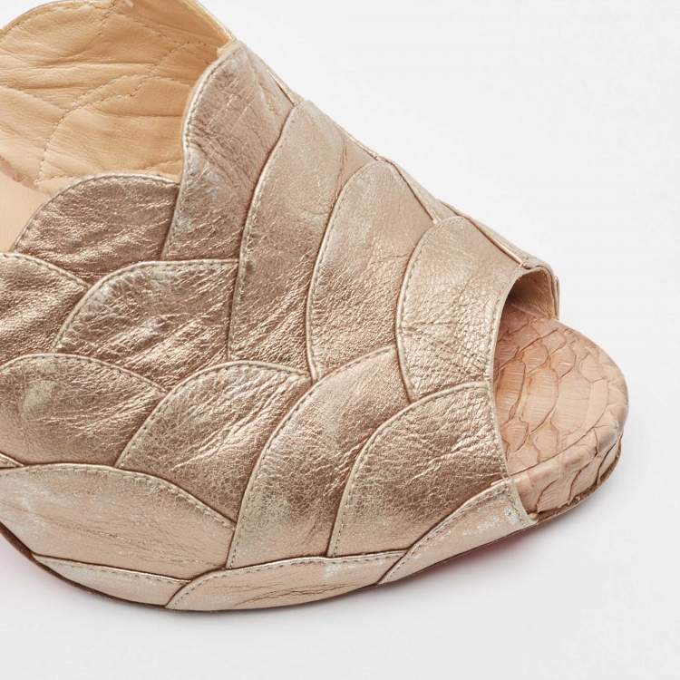 Pre Owned Christian Louboutin Beige Leather Snakeskin and Leather Ananas Slide Sandals Size 38.5