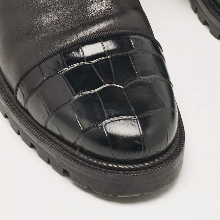 Pre Owned Christian Louboutin Black Croc Embossed and Leather Ankle Length Boots Size 39