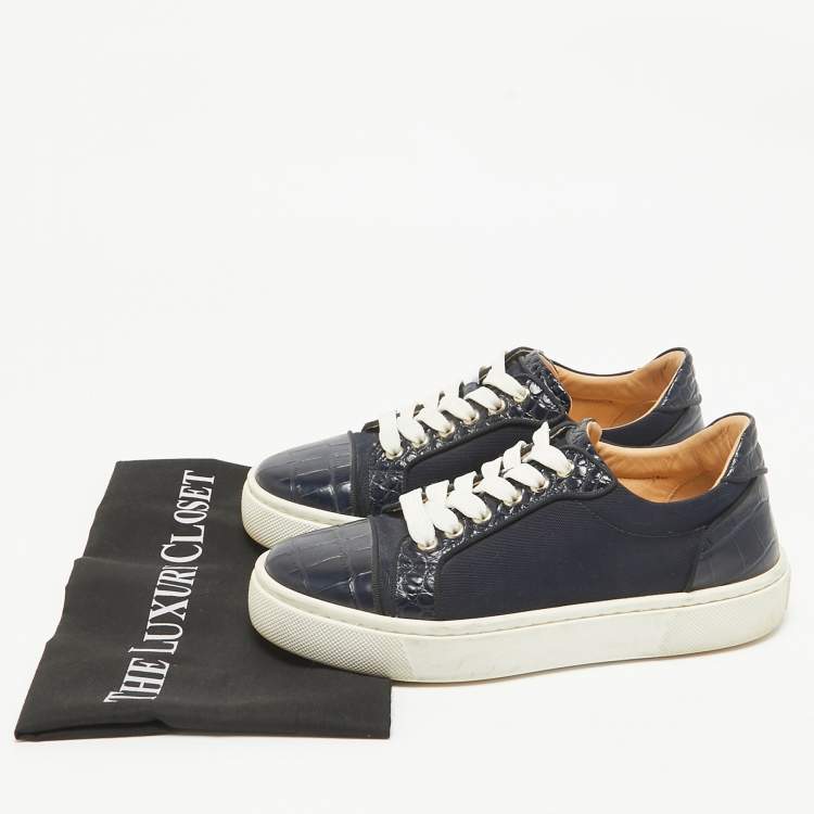 Pre Owned Christian Louboutin Navy Blue Canvas and Crocodile Leather Louis Sneakers Size 37.5