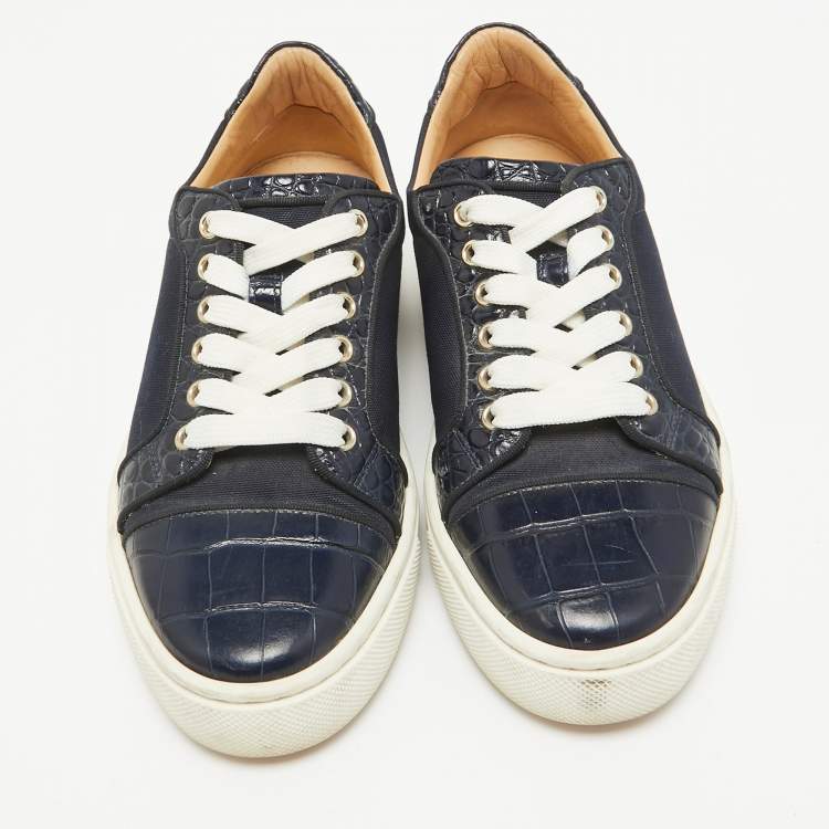 Pre Owned Christian Louboutin Navy Blue Canvas and Crocodile Leather Louis Sneakers Size 37.5
