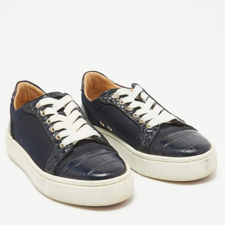 Pre Owned Christian Louboutin Navy Blue Canvas and Crocodile Leather Louis Sneakers Size 37.5