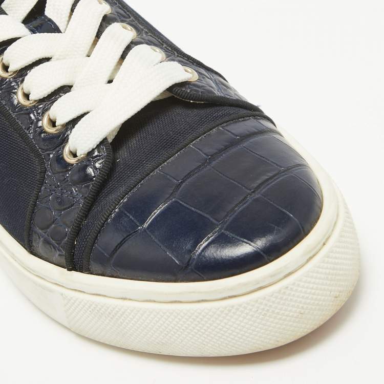 Pre Owned Christian Louboutin Navy Blue Canvas and Crocodile Leather Louis Sneakers Size 37.5