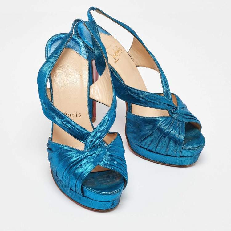 Pre Owned Christian Louboutin Blue Satin Pour Monsieur Slingback Platform Sandals Size 36