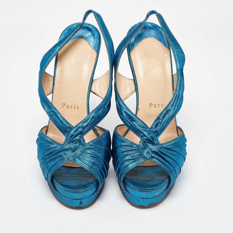 Pre Owned Christian Louboutin Blue Satin Pour Monsieur Slingback Platform Sandals Size 36