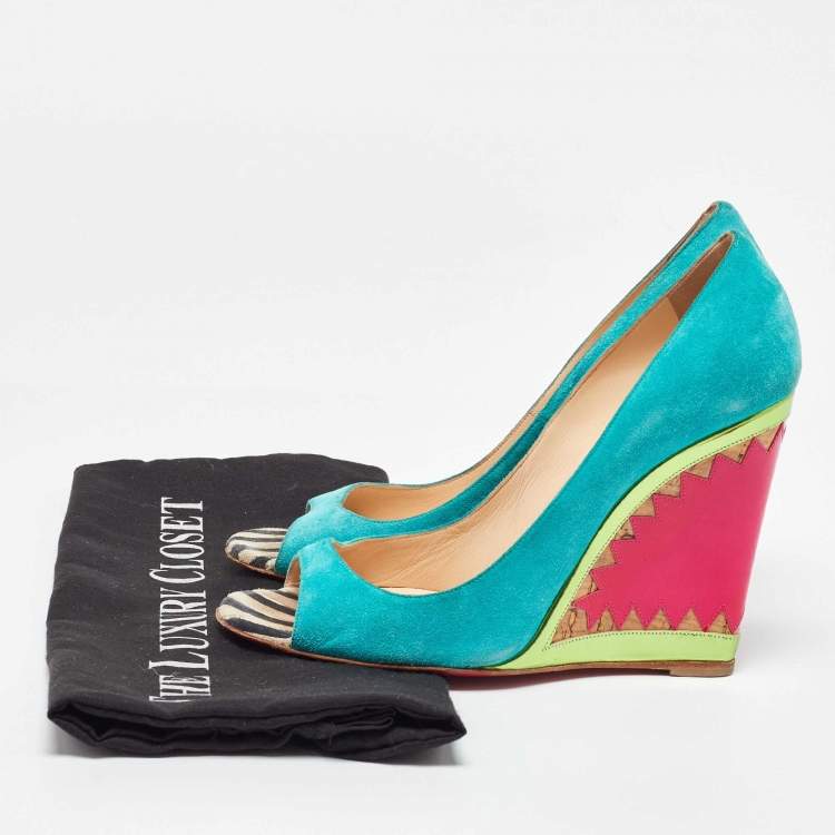 Pre Owned Christian Louboutin Multicolor Suede and Patent Leather Miramar Wedge Pumps Size 38.5