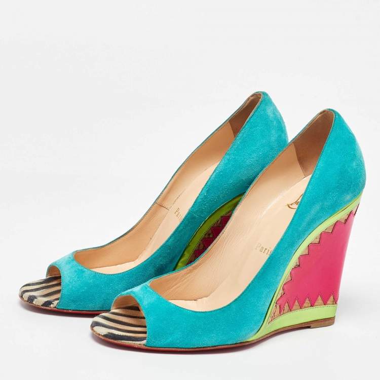 Pre Owned Christian Louboutin Multicolor Suede and Patent Leather Miramar Wedge Pumps Size 38.5